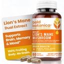 Fed Botanica Lions Mane Mushroom Capsules - 100% Fruiting Body - Koncentreret Organic Lions Mane Extracts - Nootrop Brain Health - Hukommelse, Mood, immunforsvar - 60 Veganske Kapsler