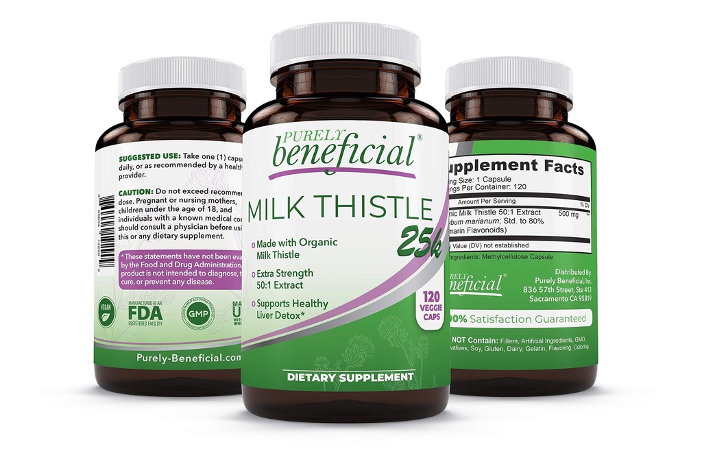 PURELY gavnligt Økologisk Mælk Tistle Kapsler, 50: 1 Mælk Tistle Uddrag, Silybum Marianum 25000 mg Styrke, Lever Rengøring & Antioxidant Support, 120 Veg Kapsler, Vegan & Non- GMO