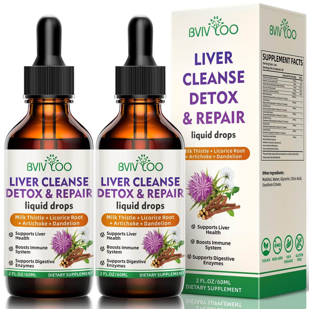 2 Pack Lever Health Liquid Drops - 2000mg Milk Thistle, Mælkebøtte Root, Artiskoke, Silymarin Extract, & Gurkemeje urter - Vegan, Non- GMO - 4 Fl Oz (120ml)