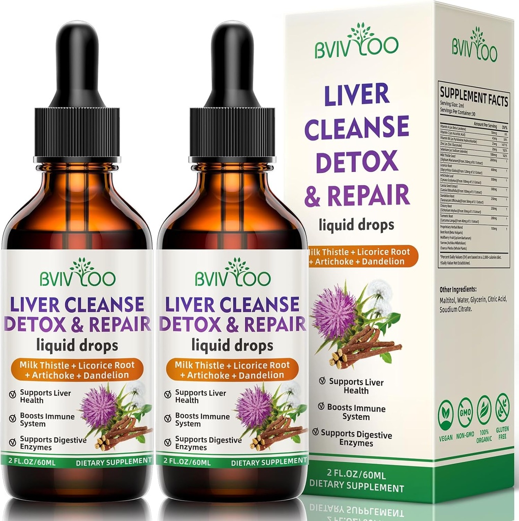 2 Pack Lever Health Liquid Drops - 2000mg Milk Thistle, Mælkebøtte Root, Artiskoke, Silymarin Extract, & Gurkemeje urter - Vegan, Non- GMO - 4 Fl Oz (120ml)