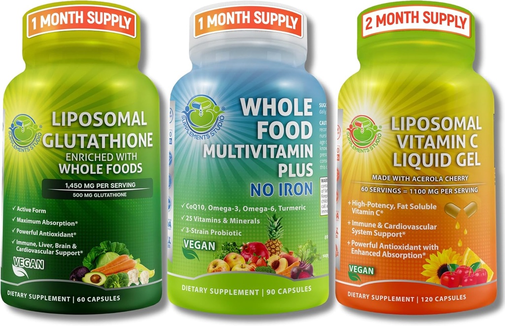 Daglig immunforsvar, antioxidant & energistøttebunde - Liposomal Glutathion 500mg med Whole Foods + Liposomal Vitamin C 1100mg Liquid Gel + Vegan Whole Food Multivitamin uden jern