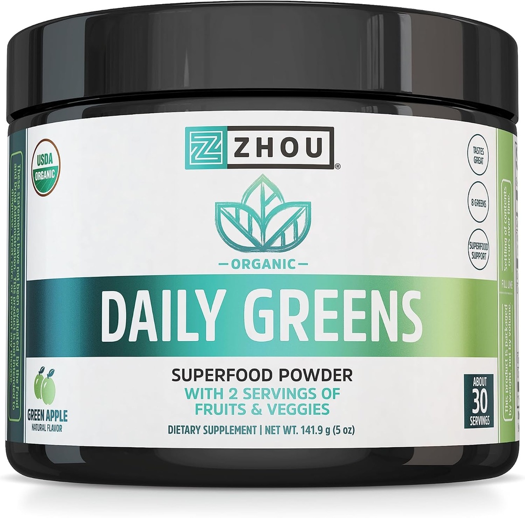 ZHOU Nutrition USDA Organic Supergreens Powder, Superfood Smoothie Juice Mix, Spirulina, Chlorella, Wheatgrass, Kale, Fiber, Immun og energi Support, Vegan, Non- GMO, 30 Servere