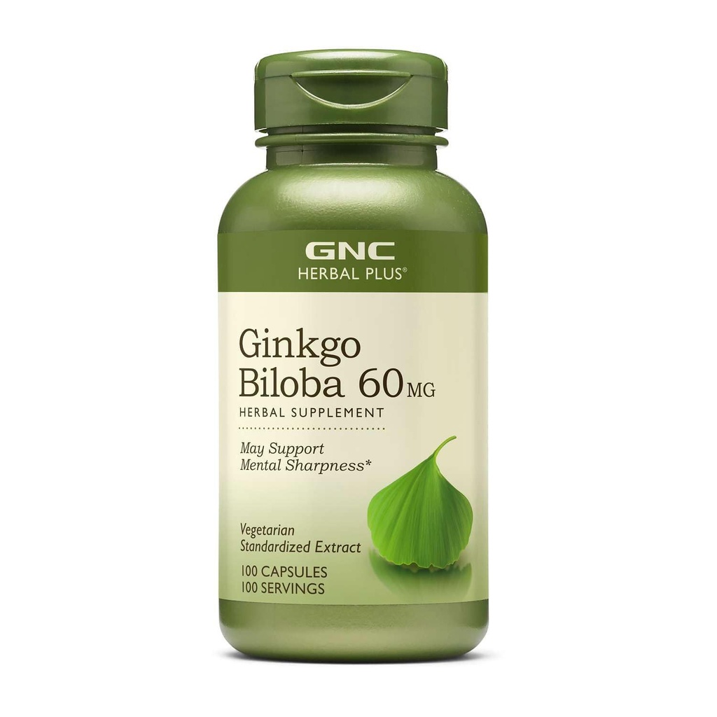 GNC Herbal Plus Ginkgo Biloba 60mg Supplement, Vegetar, Understøtter Mental Sharpness, 100 Servere