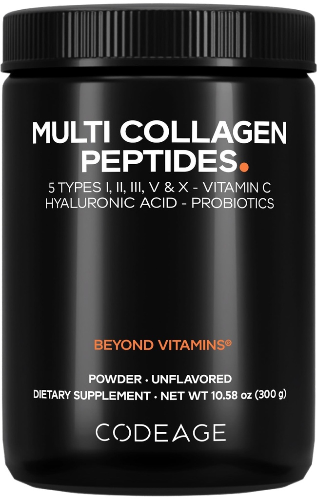 Codeage Multi Collagen Peptider Powder + Probiotika Black Edition, C-vitamin, Hyaluronsyre pulver supplement, Grass- Fed, Hydrolyzed, Zero Carbs, Type I, II, III, V & X, Unflavored, 10.58oz