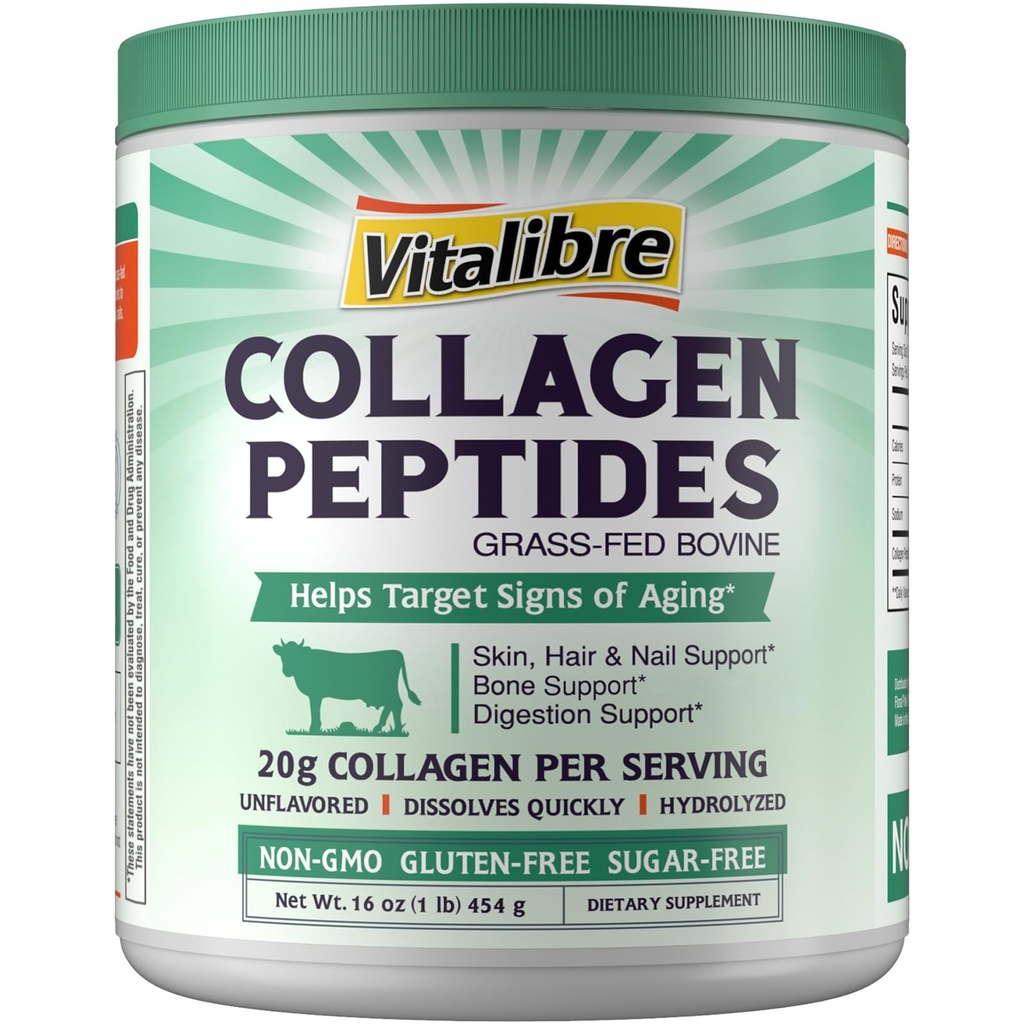 Bovin collagen peptider pulver til kvinder og mænd, Grass- Fed Hydrolyzed Collagen Protein Type I & III, Hud, hår, negle, knogler, fordøjelse, Unflavored, Non- GMO, Keto & GF, 22 Servere, 16oz
