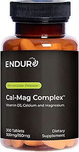 Endur Cal- Mag Complex, Bone & Heart Support til aktiv livsstil, Calcium og Magnesium med vitamin D3, Gluten Free, 300 tabletter