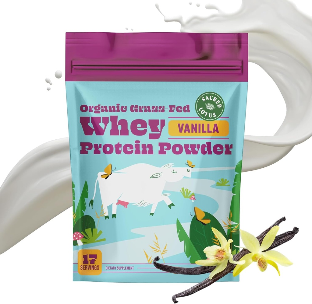 SunLife Organics Grass Fed Whey Protein Powder Vanilla | 100% Organic Protein Powder for Men & Women, Naturally Sweetened with Cacao, Coconut Creamer, and Stevia (16 Oz) 15 Servings