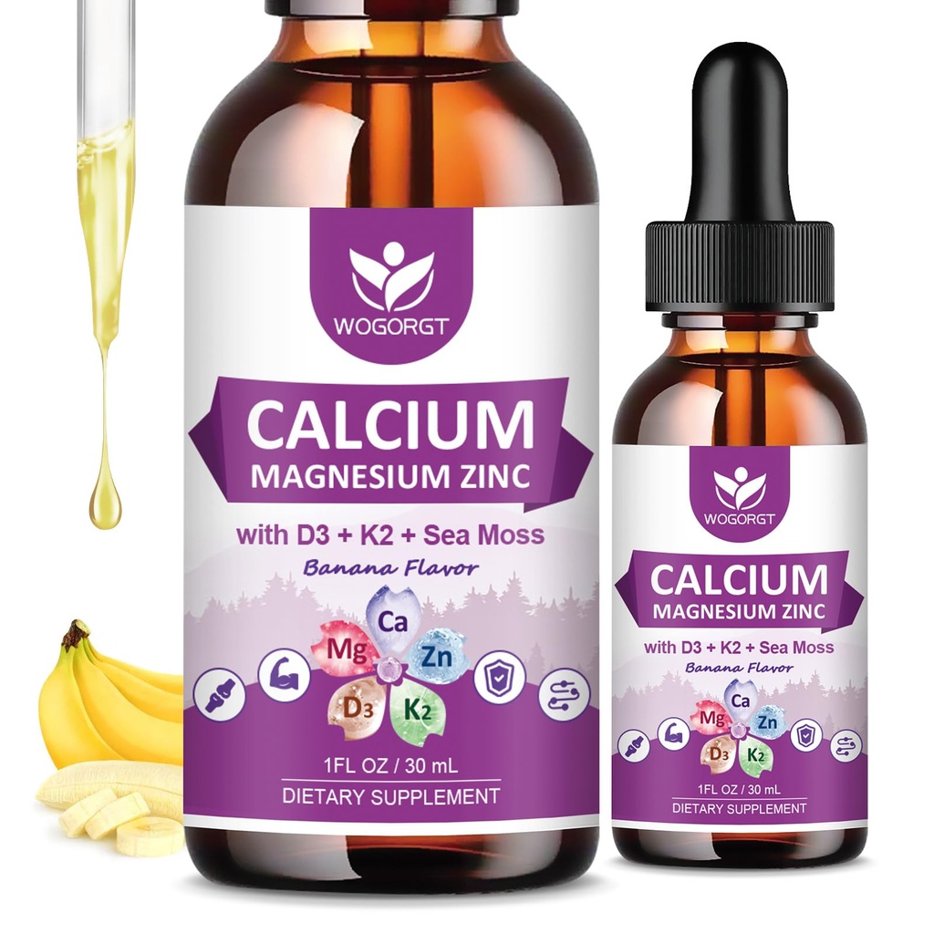 Calcium Citrate 1000mg med D3- vitamin til kvinder og mænd - Liquid Calcium Magnesium Zink D3 K2 tillæg til ben, Tandpleje, sukkerfri, Vegan, Banana Flavor - 1 Fl Oz (2 Pack)