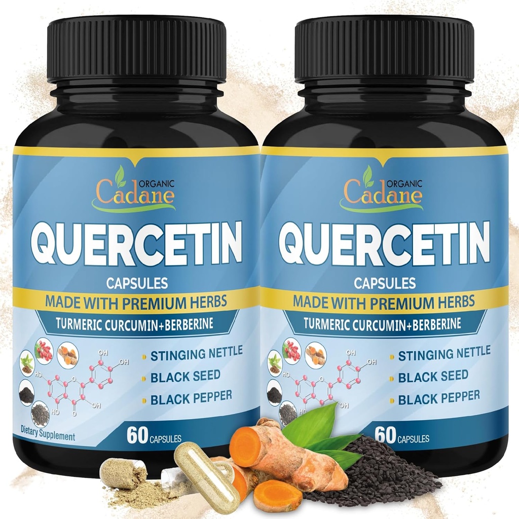 Organic Cadane 2 Pakker Quercetin Kostkapsler, 6in1 med gurkemeje, Berberine, Stinging Nettle, Black Seed, Black Pepper - Understøtter immunsystemet - 4 Måneders forsyning