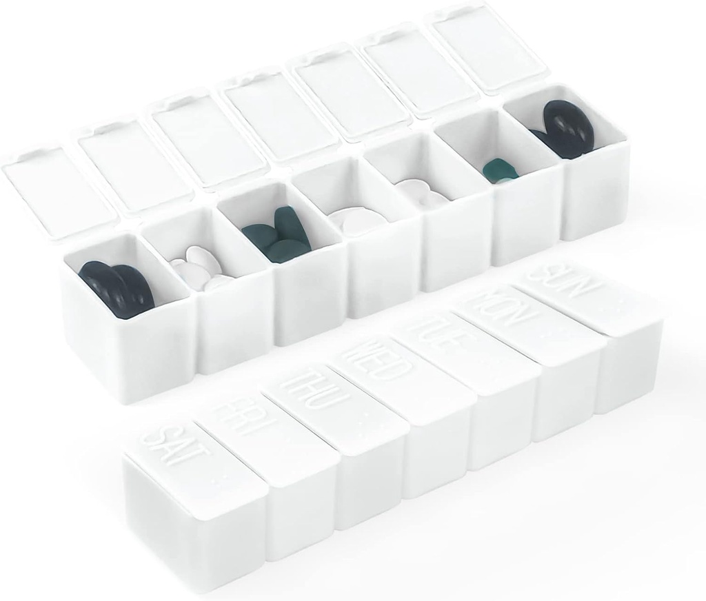Weekly Small Pill Organizer, 7 Day Pill Case, Daily Vitamin Case Medicine Box, Pill Containers for Medicine Supplements Fish Oil(2Pcs,White)