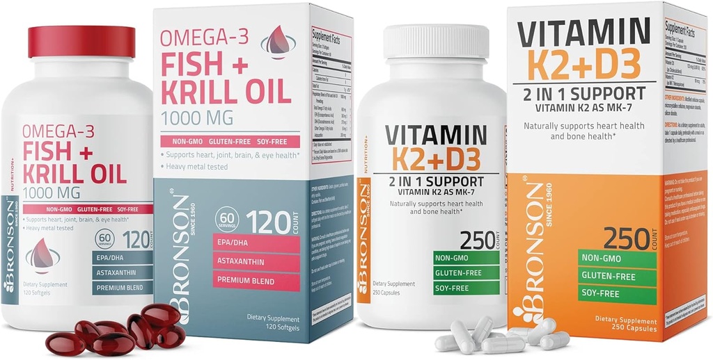 Bronson vitamin K2 (MK7) med D3 Supplement Omega-3 Fish + Krill Oil 1000 MG