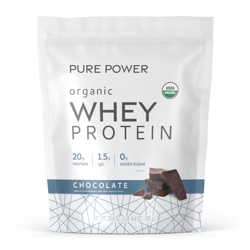 Dr. Mercola Pure Power Organic Whey Protein - 20 g Protein - Understøtter muskelvækst & energi - Græs- Fed Whey koncentrat - 15 Servere (20.60 oz) - Chokolade