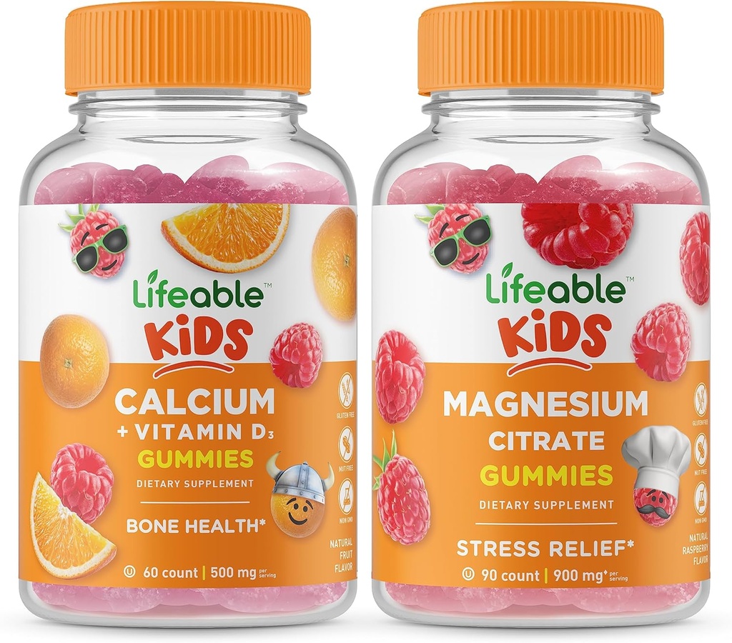Lifeable Calcium med D-vitamin Kids + Magnesium Kids, Gummies Bundle - Great Tasting, Vitamin Supplement, Gluten Free, GMO Free, Chewable Gummy