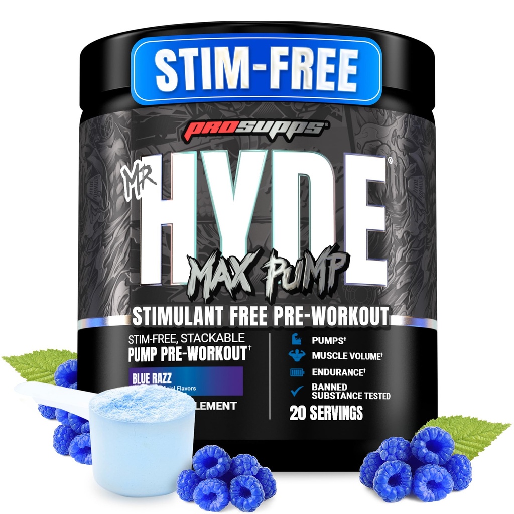 PROSUPPS Mr. Hyde Max Pump Pre Workout Powder - Stim- Gratis Preworkout understøtter blodgennemstrømning, Muscle Volume & Endurance - Kaffefri Nitrooxide Gym & Fitness Kosttilskud (Blue Razz, 20 Servere)