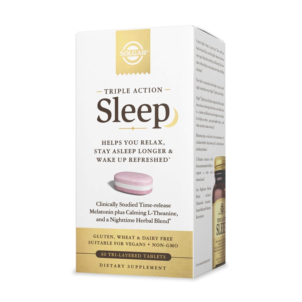 Solgar Triple Action Sleep, 60 Tri- Layer Tablets - Time- Release Melatonin & L- Theanine Plus Herbal Blend - Hjælper dig med at slappe af, Fall Assaple Fast & Stay Assaple Længere - Non- GMO, Gluten Free - 60 Servere