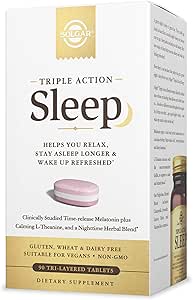Solgar Triple Action Sleep, 60 Tri- Layer Tablets - Time- Release Melatonin & L- Theanine Plus Herbal Blend - Hjælper dig med at slappe af, Fall Assaple Fast & Stay Assaple Længere - Non- GMO, Gluten Free - 60 Servere