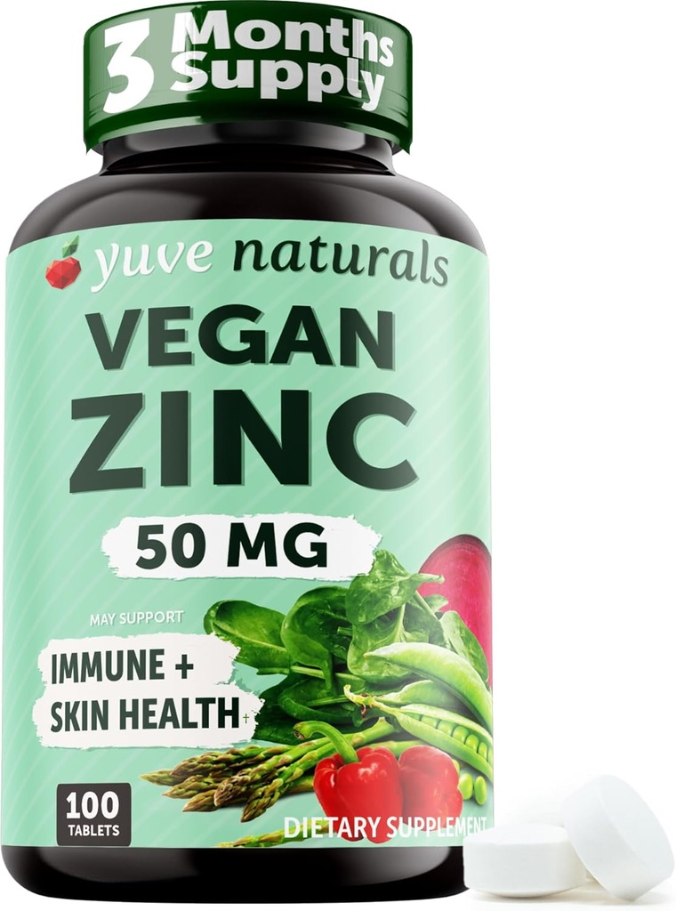 Yuve Naturals Vegan Zink 50 mg - Zinkgluconat til immun- og hudstøtte - Gluten Free, Non GMO, Plant Based - 100 Let at synke tabletter