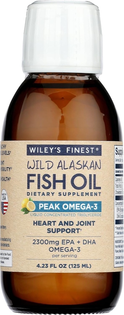 Wiley 's Finest Wild Alaska Fish Oil Peak Omega-3 Liquid Supplement - 2300mg EPA og DHA Omega- 3s - Lemon Flavor - 4.23 Oz (25 Servere)