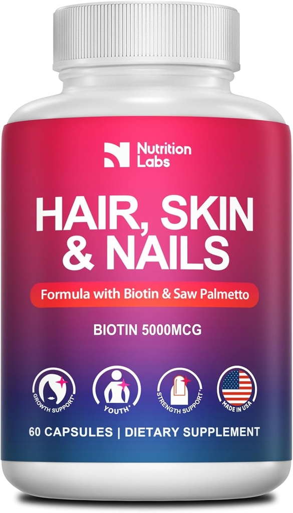 Hår Hud og negle Vitaminer til kvinder 100% Lavet i USA - Natural Biotin 5000MCG supplement til hårvækst - DHT Blocker - Non- GMO, Gluten Free- 3. part Tested-1 Måned Supply