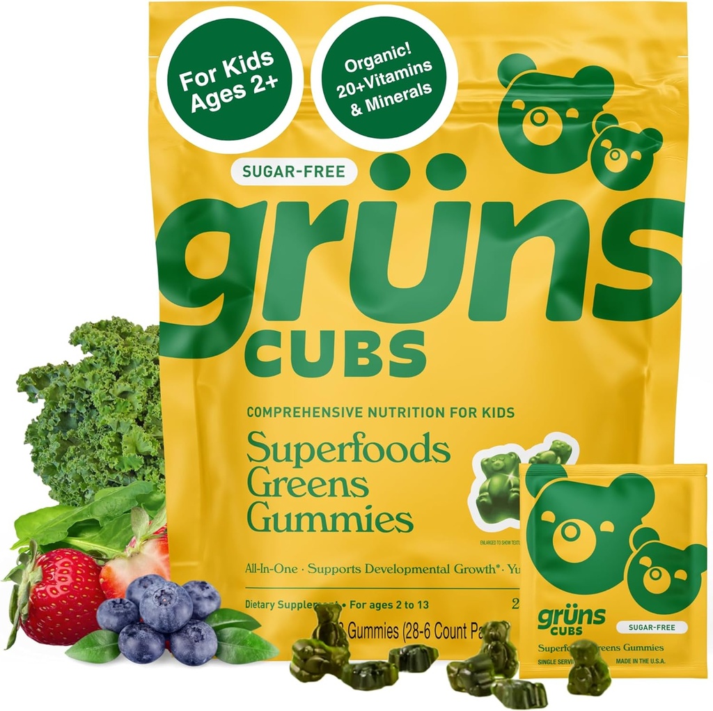 Gruns Kids Vitamins, Super Greens Gummies, Sugar-Free Superfood Gummy Bears With Spirulina, Chlorella, Prebiotics Fiber for Digestive Health, Adaptogens Supplement, 20 Vitamins & Minerals, 28 day Pack