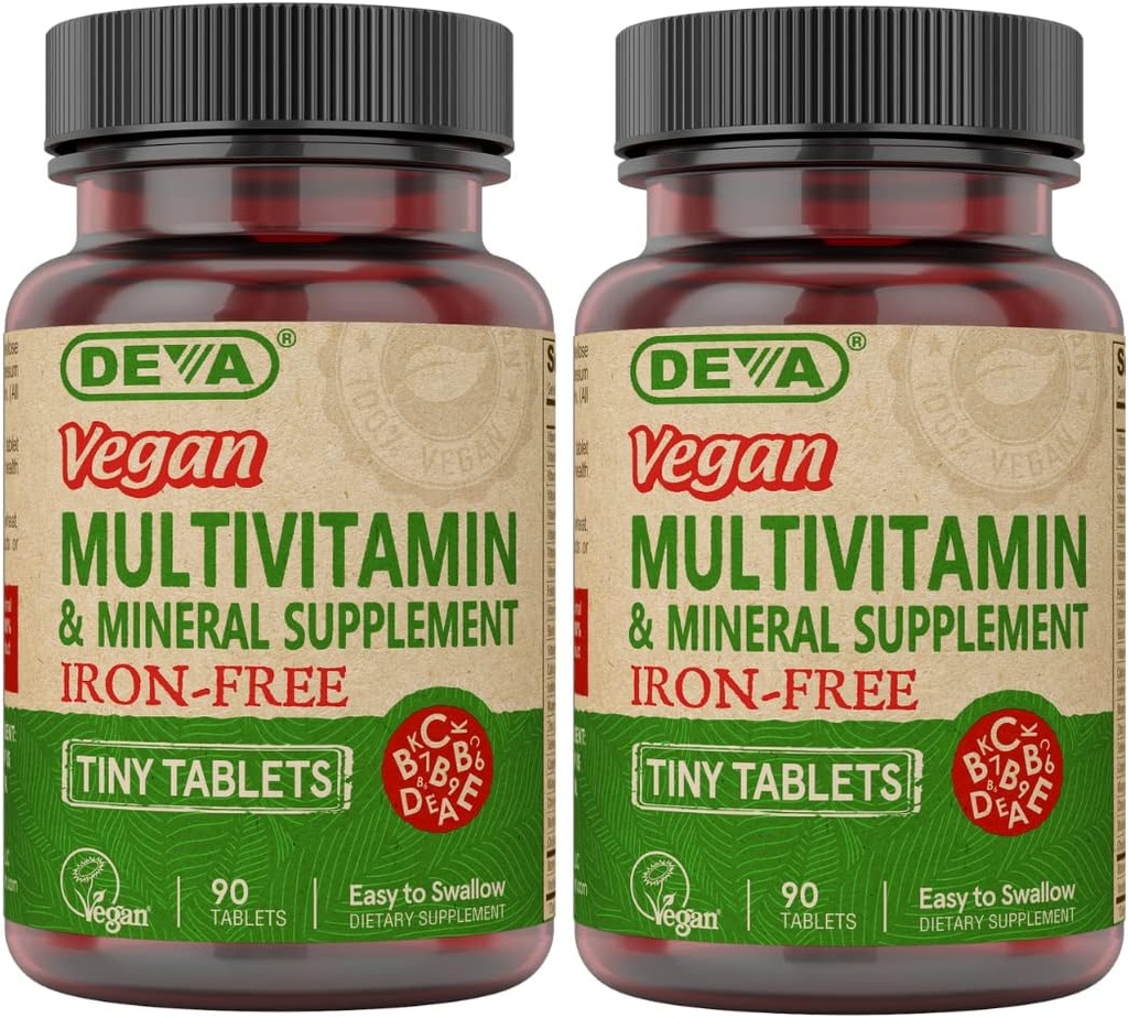 DEVA Vegan Iron- Free Multivitamin & Mineral Supplement 2- Pack, C-vitamin, D2, E & B- kompleks, Biotin, 90 små tabletter hver