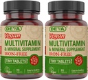 DEVA Vegan Iron- Free Multivitamin & Mineral Supplement 2- Pack, C-vitamin, D2, E & B- kompleks, Biotin, 90 små tabletter hver