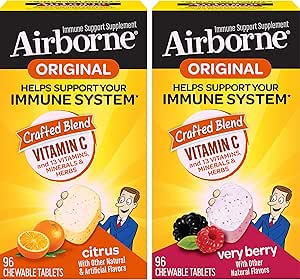 Airborne 1000mg Vitamin C Chewable Tablets Citrus & Very Berry Flavor Bundle - Immune Support Supplement with Zinc and Powerful Antioxidant Vitamins A C & E, (2x96ct bottles)*