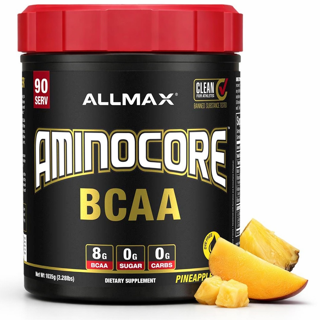 ALLMAX Nutrition AMINOCORE BCAA, Ananas Mango - 945 g Pulver - 8.18 Gramer af forgrenet kæde Aminsyre Per servering - med B Vitaminer - Ingen Fillers eller Non- BCAA Aminos - Sukker Free - 90 Servering