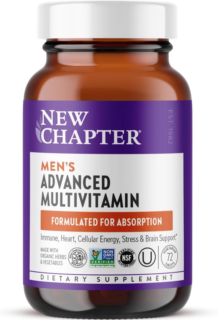 Nyt kapitel Mænds Multivitamin Advanced Formel for Stress, Hjerne, Immunation, Heart & Energy Support, Højere niveauer af Whole- Food Fermented Essential Nutrients for Men + Selenium + B Vitamin, 72 ct