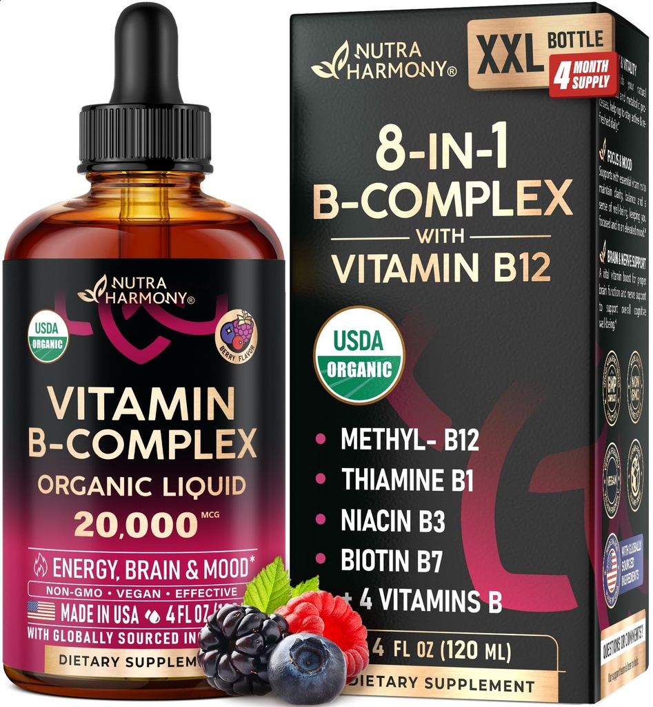 USDA Organic Vitamin B- Complex B5 Pantothenic Acid MSD 124; B12 Methylcobalamin MSD 124; B1 Thiamin MSD 124; B6 Pyridoxin MSD 124; B7 Biottin MSD 124; B9 Follic MSD 124; B3 Niacinamid - B Complex Liquid Drops, Lavet i USA Supplement, 4fl oz