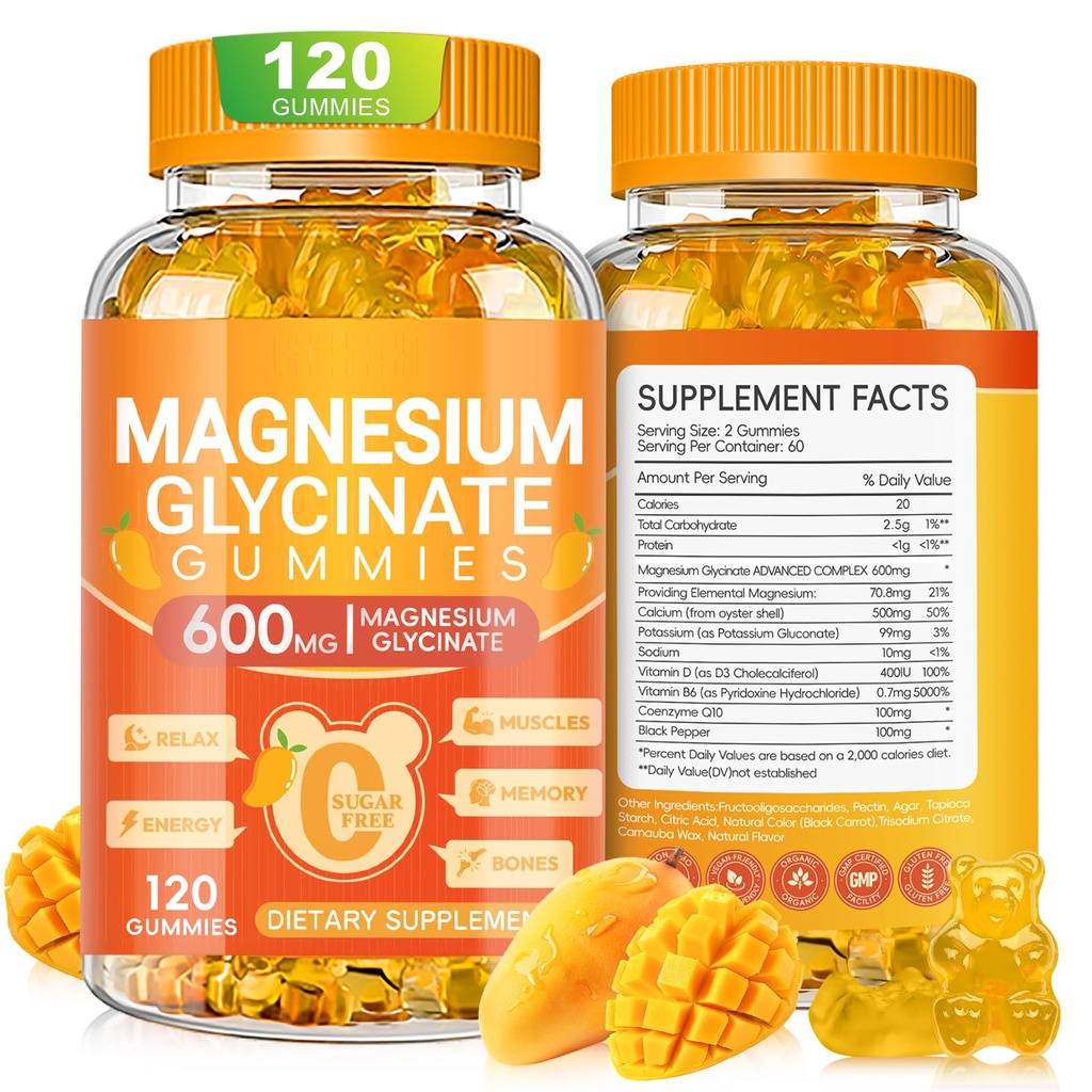 Magnesium Glycinat Gummies 600 mg, tyggetuskler fri Kalium Magnesium Gummies med Magnesium Glycinate, D-vitamin, B6 og CoQ10 til søvn, afslapning, hjerne & muskel, 120 Tæl