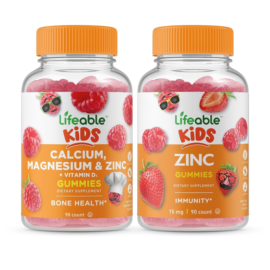 Lifeable Calcium Magnesium & Zink Kids + Zink Kids, Gummies Bundle - Great Tasting, Vitamin Supplement, Gluten fri, GMO fri, Chewable Gummy