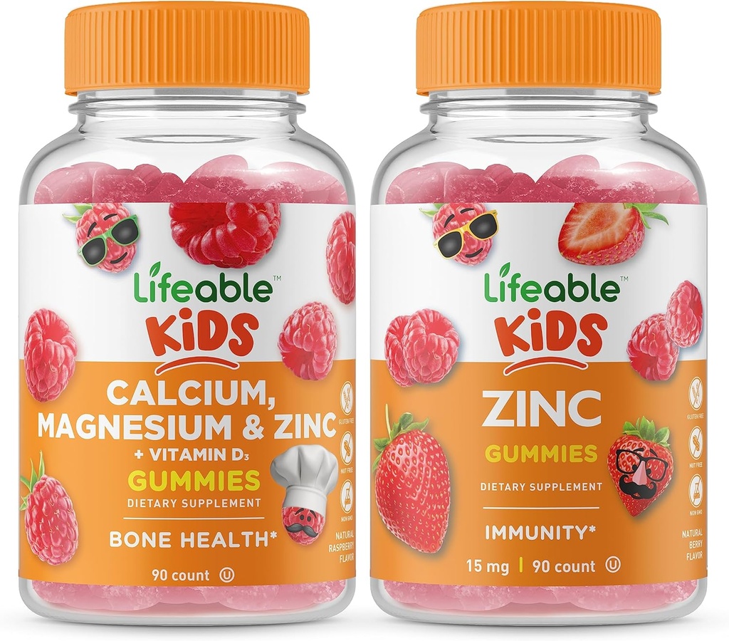 Lifeable Calcium Magnesium & Zink Kids + Zink Kids, Gummies Bundle - Great Tasting, Vitamin Supplement, Gluten fri, GMO fri, Chewable Gummy