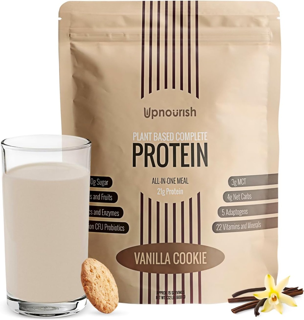 UpNourish Vanilla Cookie Vegan Protein Powder 54 Superfoods Powder, 1,5 milliarder CFU Probiotika 21g Plantebaseret protein, Ingen sukker ingen mælk ingen GMO Dairy Free, Meal udskiftning Shake Keto- Friendly Low- Carb Diet, 15 Servere