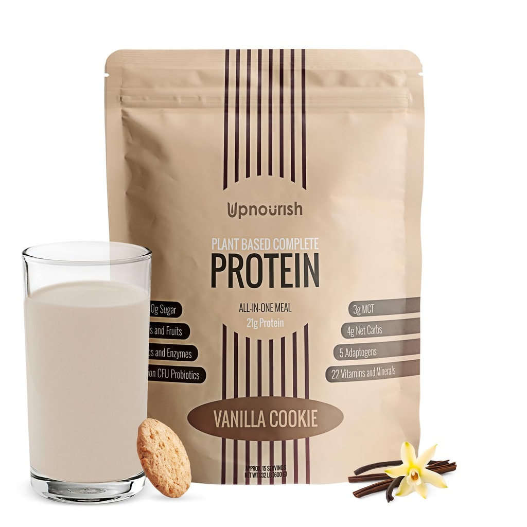 UpNourish Vanilla Cookie Vegan Protein Powder 54 Superfoods Powder, 1,5 milliarder CFU Probiotika 21g Plantebaseret protein, Ingen sukker ingen mælk ingen GMO Dairy Free, Meal udskiftning Shake Keto- Friendly Low- Carb Diet, 15 Servere