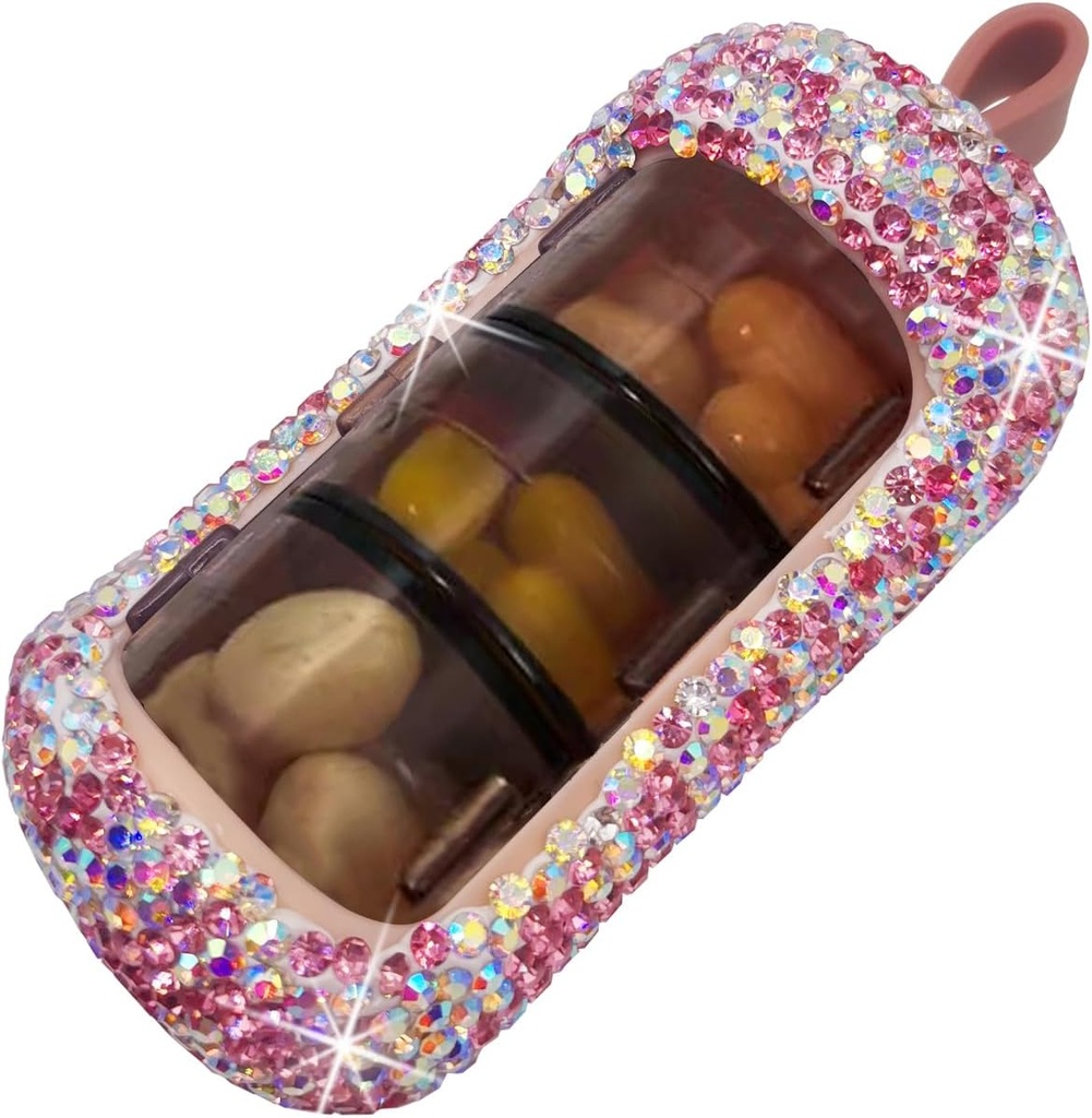 Bling Pill Organizer - Cute and Compact Pill Box for Purse - Stilfuld Pill Case med Sparkling Design - Travel- Friendly Medicine Holder -Slide in / Out Design Pill Organizer (Pink)