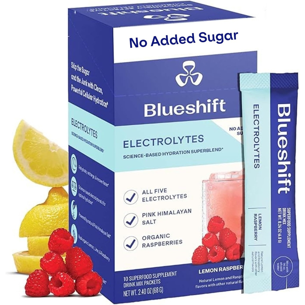 Blueshift Electrolytes - Natural Electrolytes Powder Pacets, Organic Hydration Pacets, Electrolyte Drink Mix sticks med ingen sukker, Single Serve Pack - Lemon Raspberry Flavor, Powder sticks (10 Pack)