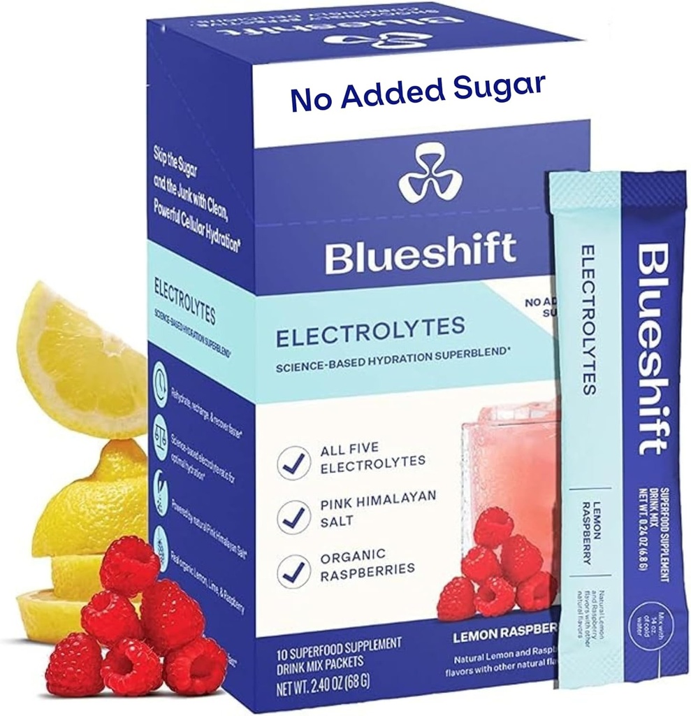 Blueshift Electrolytes - Natural Electrolytes Powder Pacets, Organic Hydration Pacets, Electrolyte Drink Mix sticks med ingen sukker, Single Serve Pack - Lemon Raspberry Flavor, Powder sticks (10 Pack)
