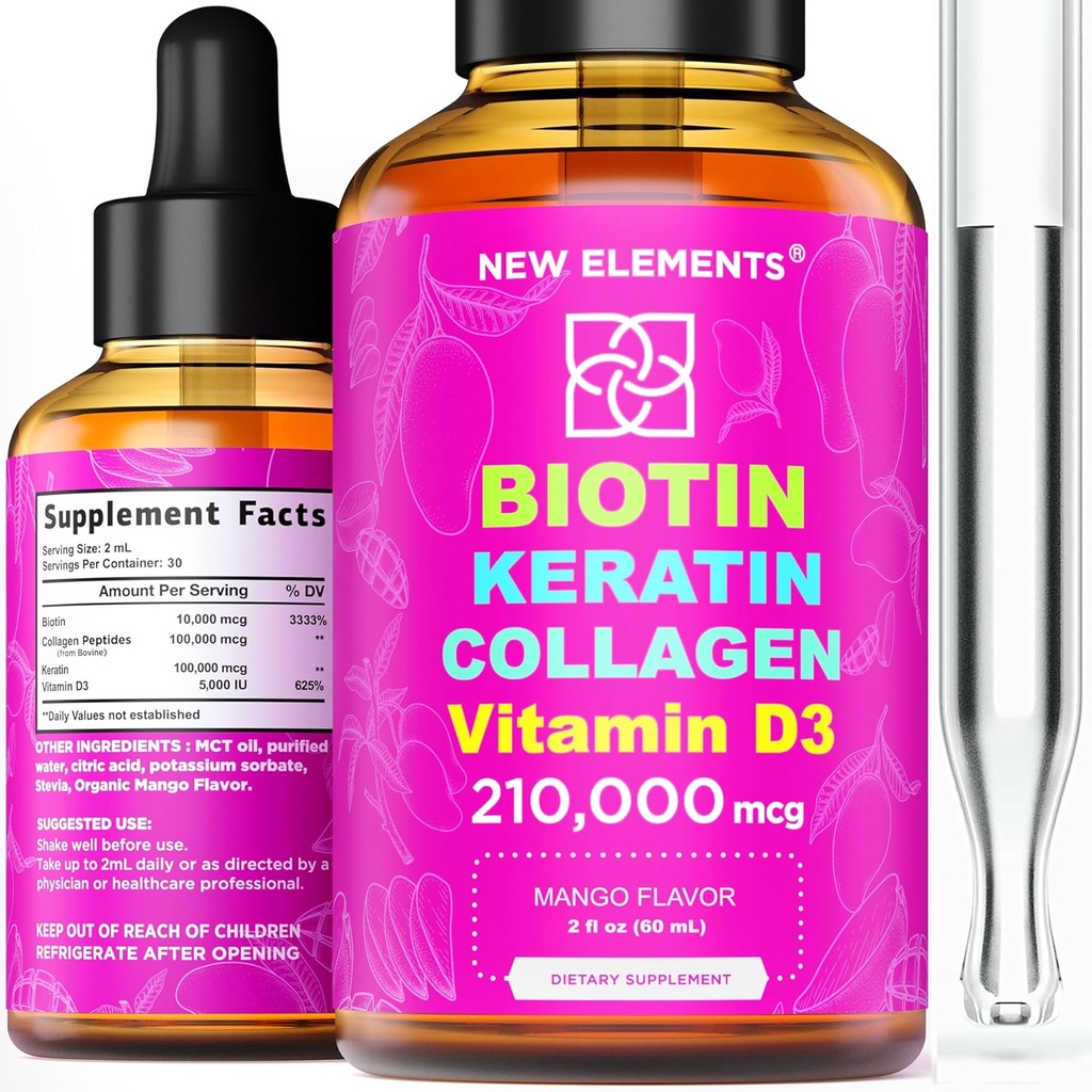 Flydende biotin Keratin kollagen peptider & vitamin D3 til hårvækst MCT Oil Drops 210,000mcg - kraftfuld formel for hår hud og negle, mest avancerede hår vækst supplement til kvinder og mænd