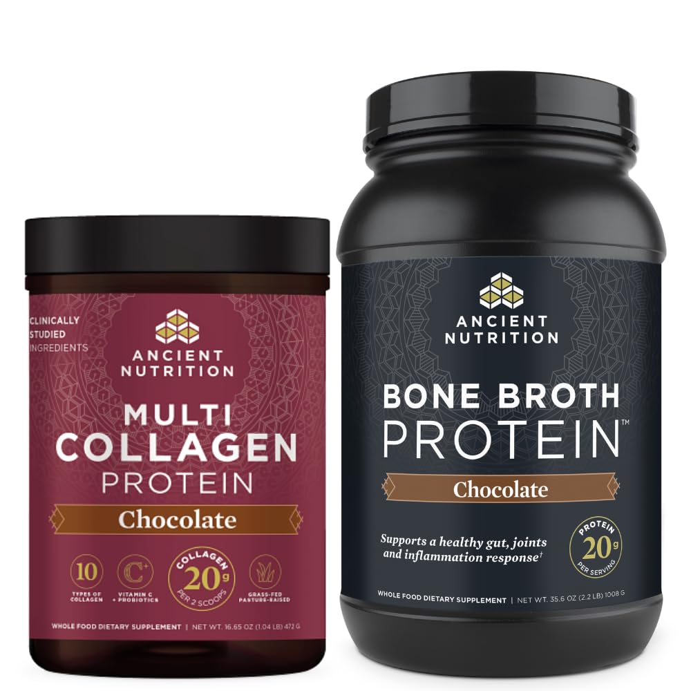 Ancient Nutrition Multi Collagen Protein Powder, Chocolate, 40 Servings + Bone Broth Protein Powder, Chocolate, 40 Servings