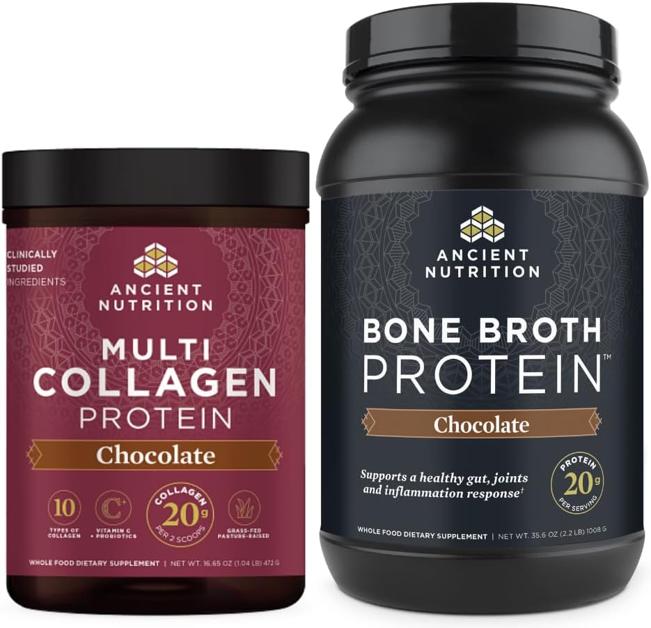 Ancient Nutrition Multi Collagen Protein Powder, Chokolade, 40 Servere + Bone Broth Protein Powder, Chokolade, 40 Servere