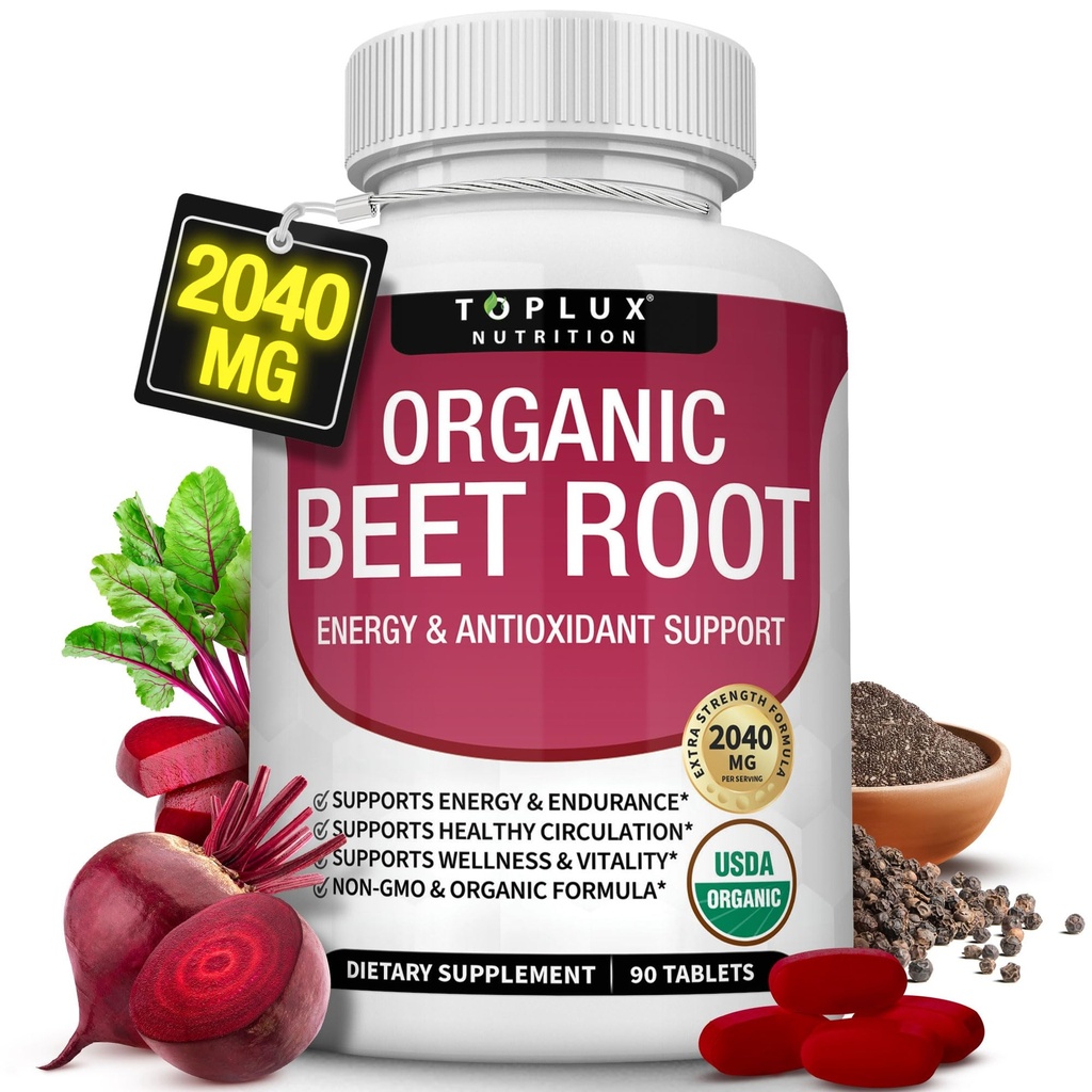 Organic Beet Root Powder Tablets - 2040mg Natural Nitric Oxide Beets to Support, Energy, Black Pepper Better Absorption, Non- GMO, for Mænd Kvinder, 90 tabletter