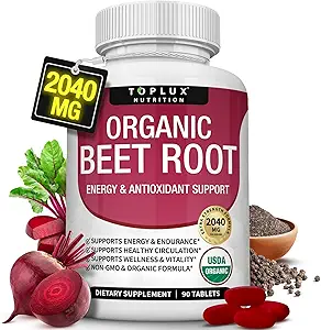 Organic Beet Root Powder Tablets - 2040mg Natural Nitric Oxide Beets to Support, Energy, Black Pepper Better Absorption, Non- GMO, for Mænd Kvinder, 90 tabletter