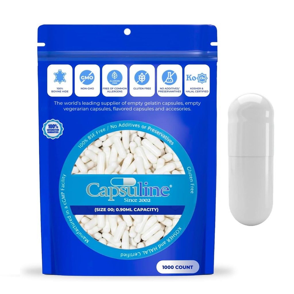 Capsuline Størrelse 000 - Farvede hvide tomme gelatine kapsler - 1000 Greve - Tomme Gel Pille kapsler - DIY Pure Bovine Pille Kapsler Fyldning - Tomme Caps - Kosher og Halal Certificeret - Non-GMO Certificeret