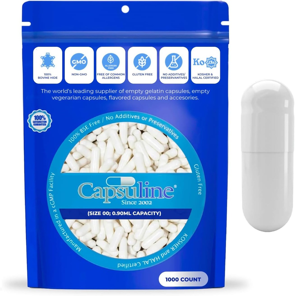 Capsuline Størrelse 000 - Farvede hvide tomme gelatine kapsler - 1000 Greve - Tomme Gel Pille kapsler - DIY Pure Bovine Pille Kapsler Fyldning - Tomme Caps - Kosher og Halal Certificeret - Non-GMO Certificeret