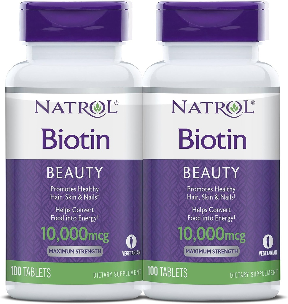 Natrol Biotin skønhed tabletter, fremmer sundt hår, hud og negle, Hjælper støtte energi Metabolisme, Hjælper Konverter mad til energi, Maksimal styrke, 10.000mcg, 100 greve (Pack of 2)