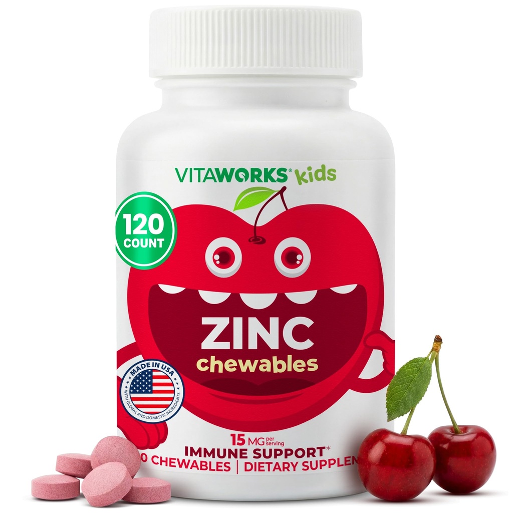 Kids Zink 15mg tyggetabletter - Natural Cherry Flavor - Vegansk, Vegetarisk, GMO- Free, Gluten Free, Nut Free Vitamin - Kosttilskud til immunforsvar - for børn - 120 tyggetabletter