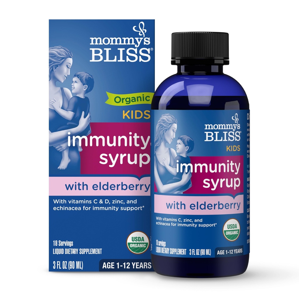Mors Bliss Organic Elderberry Syrup & Immunity Boost med vitaminer, Prebiotika & Echinacea til børn og voksne 1 år +, 3 Fl Oz