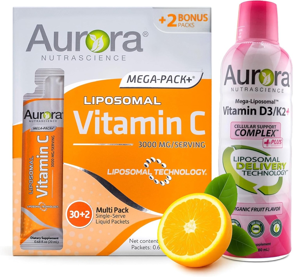 Aurora Nutrascience Mega Liposomal Vitamin C 32 Pack + Vitamin D3 / K2 flaske bundle - supplement til immunforsvar & kognitiv sundhed - 32 Servering hver