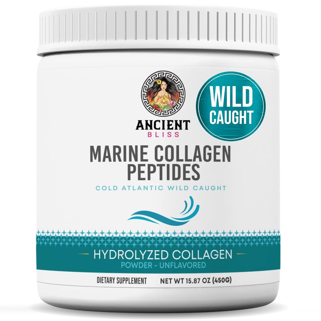 Ancient Bliss Wild- Catht Marine Fish Collagen Peptider Powder, Flavorless Collagen Protein Supplement med type 1, Non- GMO, Gluten- fri, Aminosyretilskud til hud, hår og negle, 15.87 Oz
